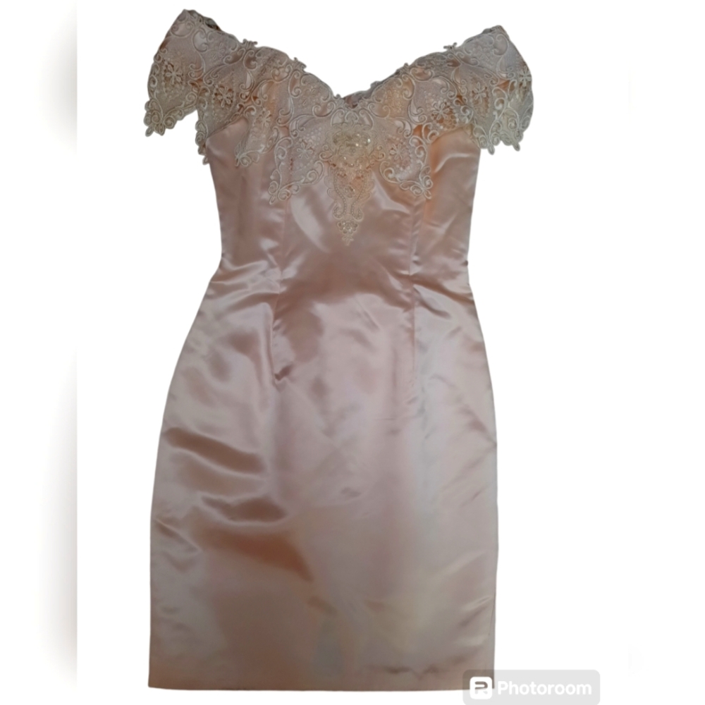 Jessica McClintock Blush Pink Satin Dress with Lace Yoke